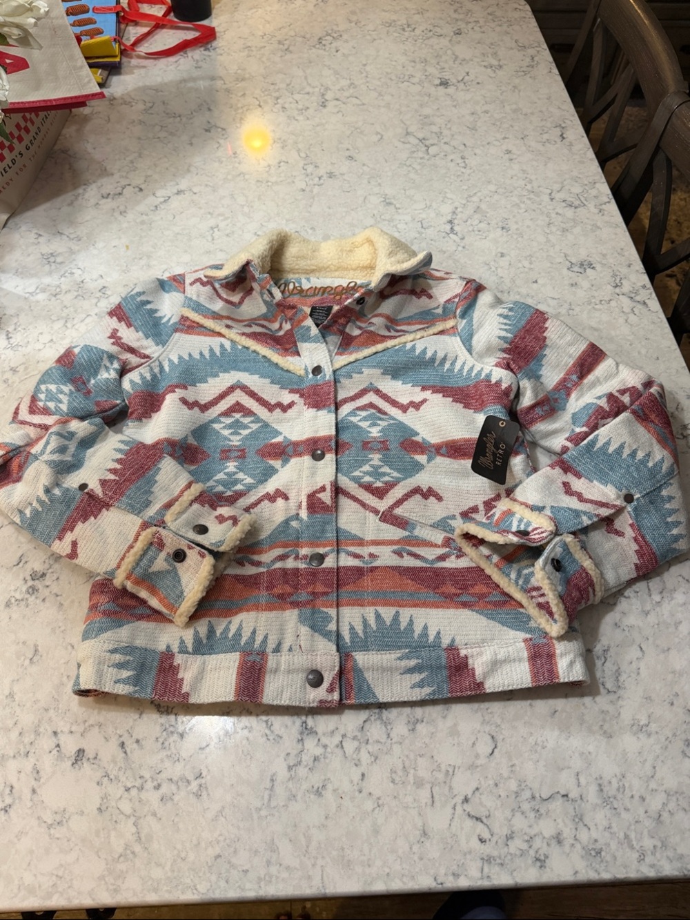 Wrangler Aztec Sherpa-Lined Utility Jacket in Cream, Blue & Rust